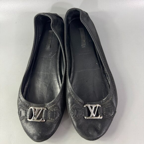 Authentic Louis Vuitton Black Metallic Suede Oxford Ballet Flats, 38.5 - Picture 6 of 14